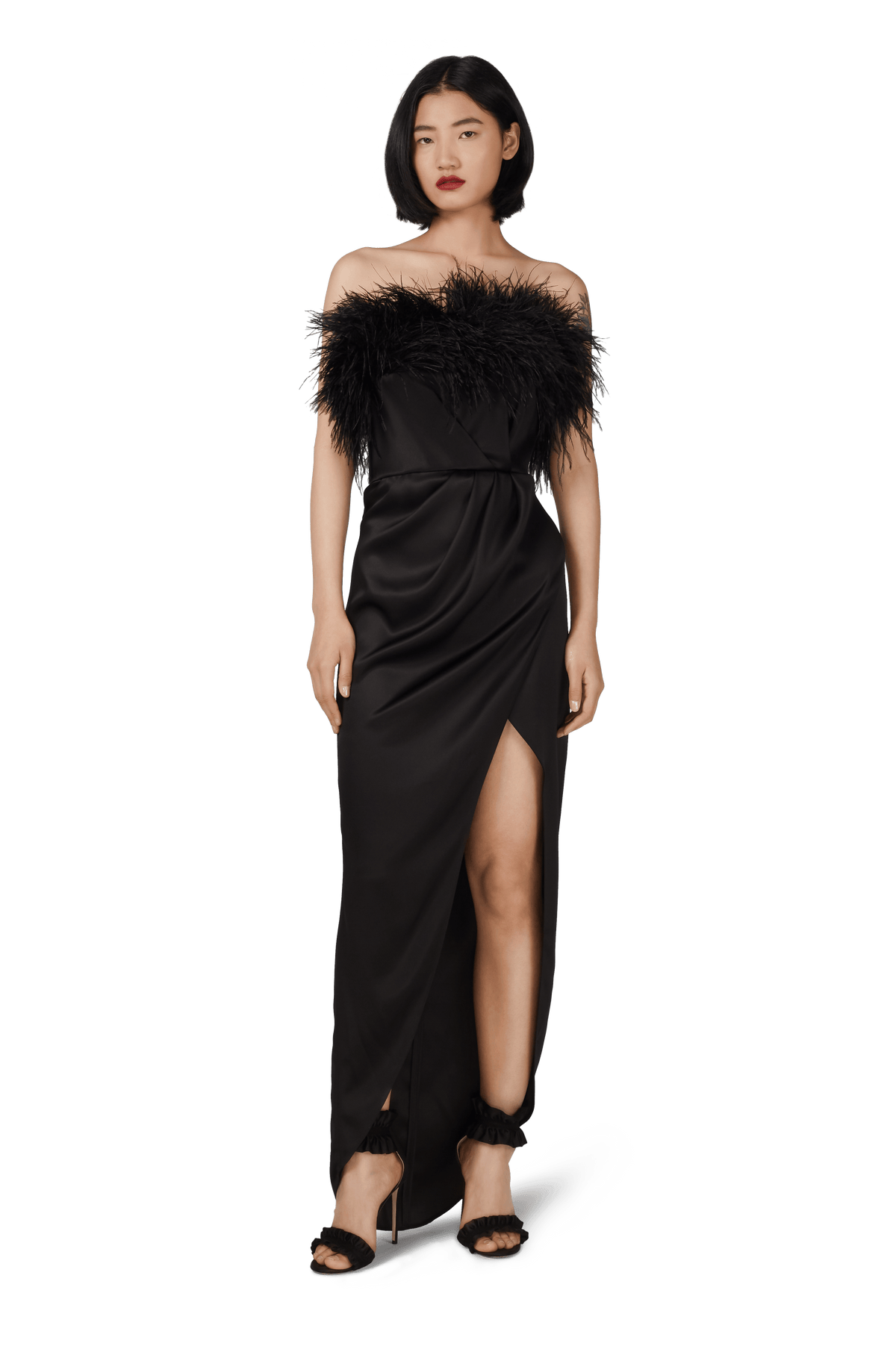 Black Double Silk Satin Feather Draped Dress